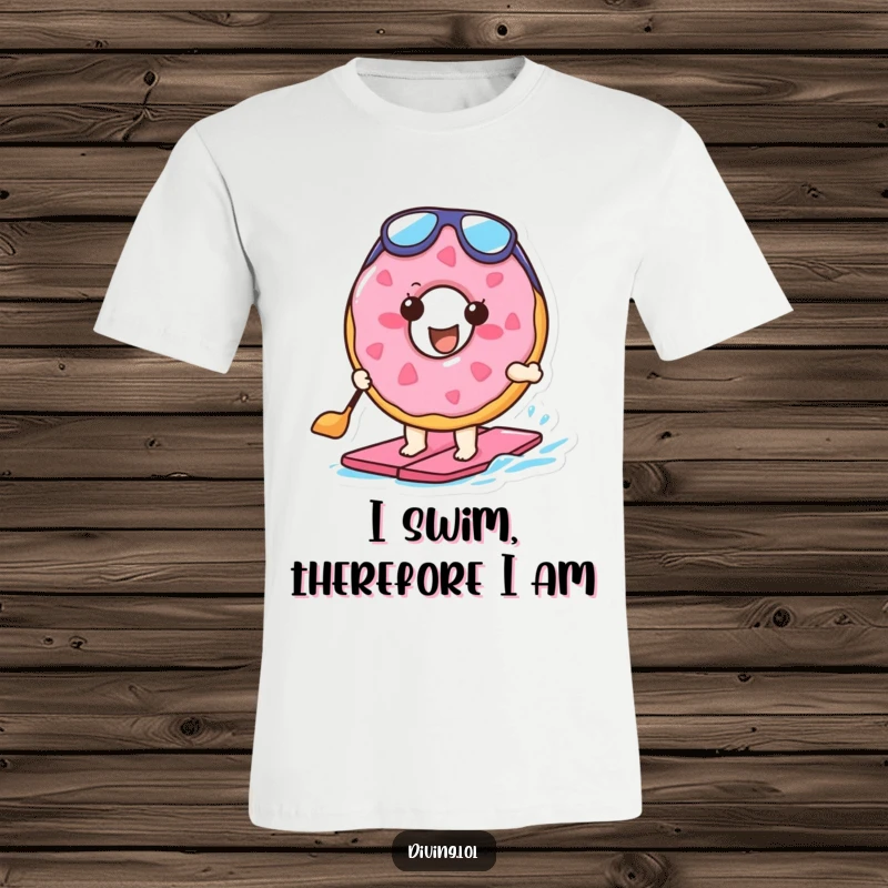 Funny t-shirt showcasing a happy doughnut character with flippers, paddling energetically, embodying a joyful and active spirit.