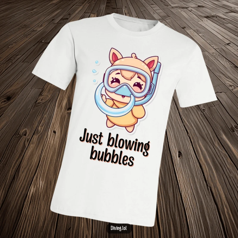 Funny snorkel mask t-shirt depicting a character cheerfully blowing a bubble ring, embodying whimsy and the joy of underwater exploration.
