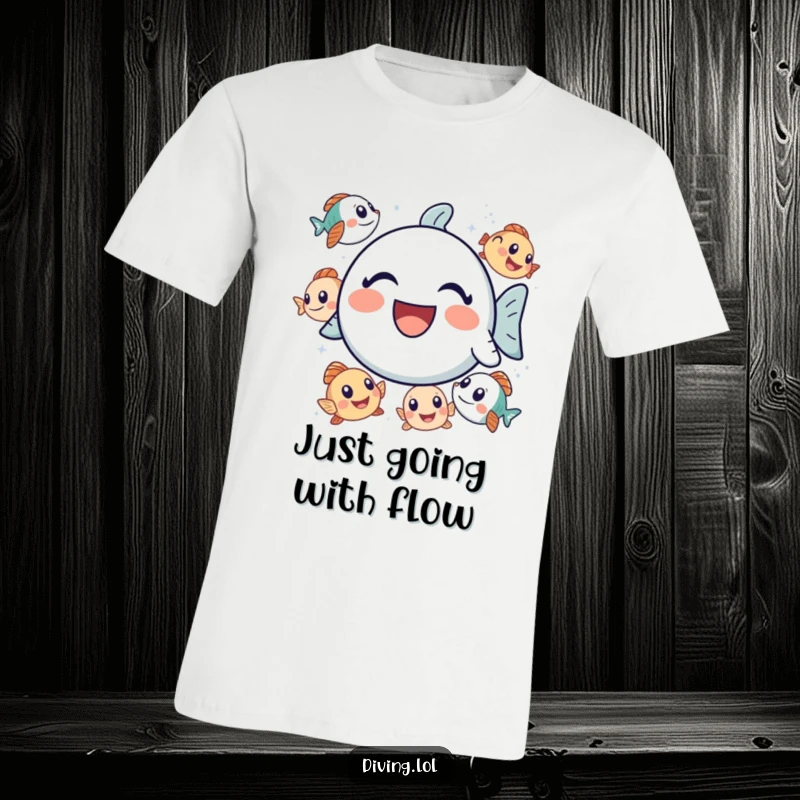 Funny bubbly icon t-shirt, laughing joyfully amidst a school of curious fish, a humorous and cute design.