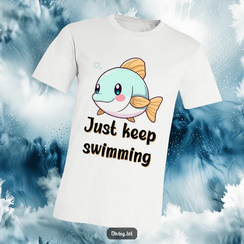 Funny t-shirt depicting a character hilariously evading a small, nippy fish in a playful underwater scene.