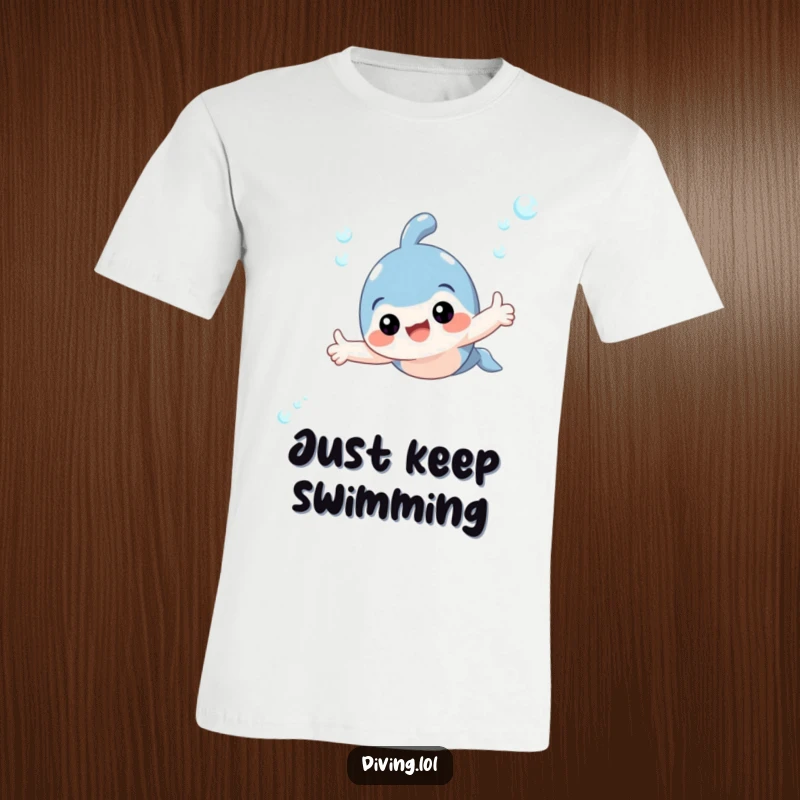 Funny t-shirt with a cute character swimming happily underwater, giving a confident thumbs up with water splashing around.