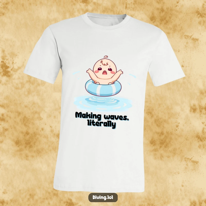 Funny t-shirt showing a chubby character with a shocked expression, mid-bounce on a colorful pool float, perfect for summer fun.