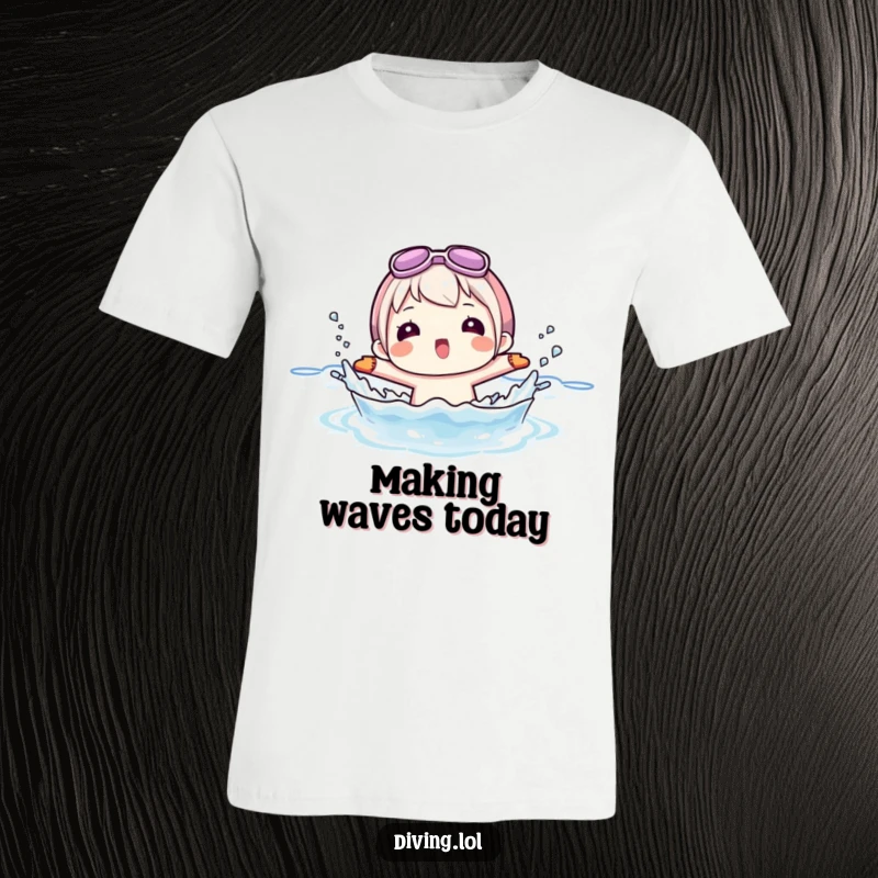 Funny t-shirt design of a character playfully splashing water and wearing flippers, embodying summer vacation joy.