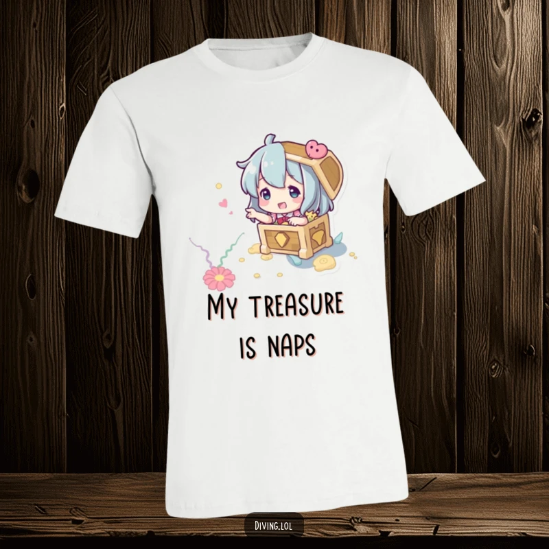 Funny Treasure Hunter T-Shirt: A character playfully pointing to an imagined treasure chest beneath the waves.