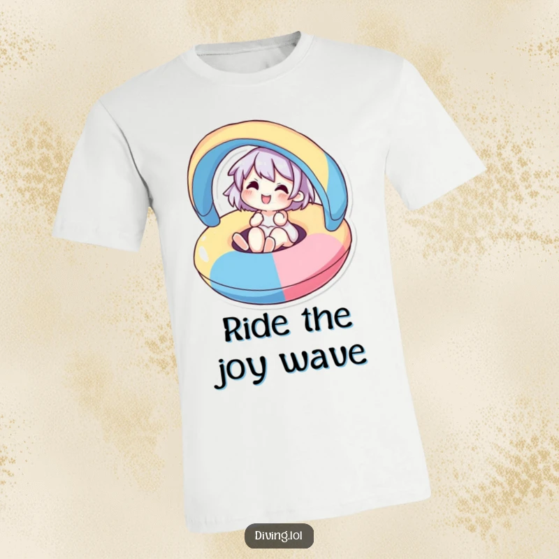 Funny t-shirt design of a cute character joyfully floating on a colorful inflatable, embodying summer relaxation and happiness.