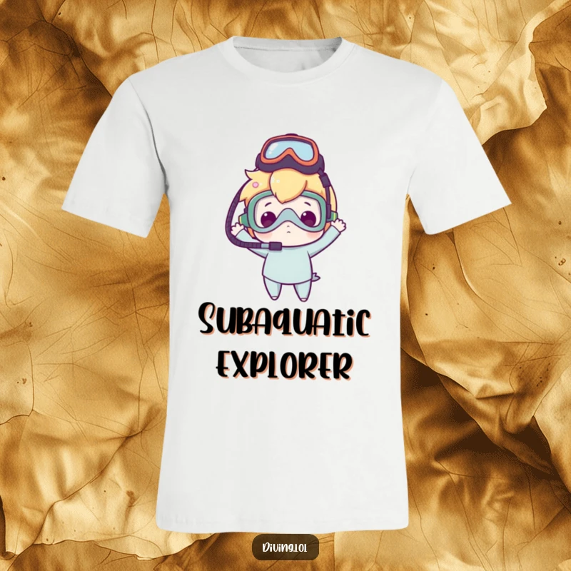 Funny t-shirt showcasing a character with a dive mask precariously balanced on their head, illustrating pure clumsy delight and quirky fun.