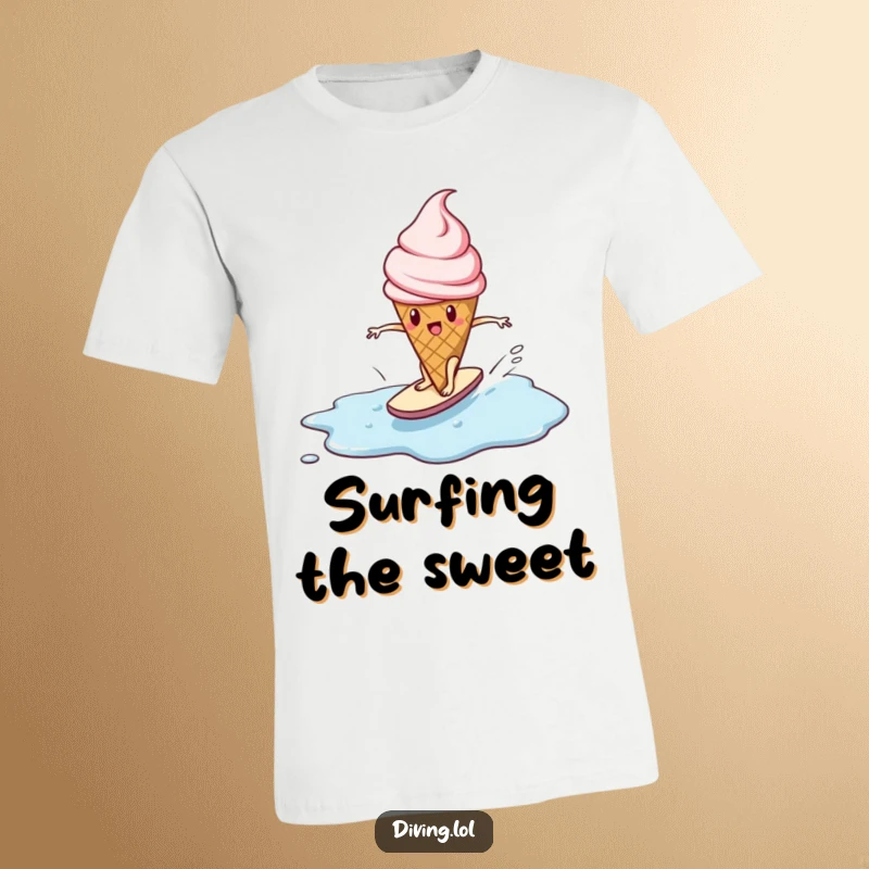 Funny t-shirt depicting an ice cream cone character determinedly surfing on a melting puddle, embodying perseverance with humor.