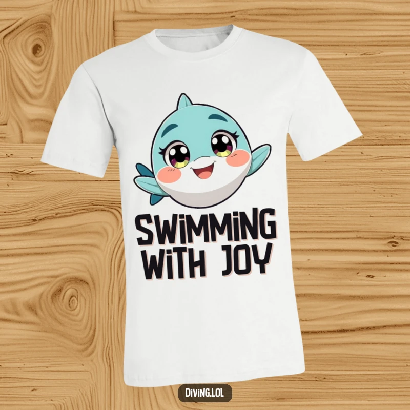 Funny t-shirt depicting a character with wide, excited eyes, swimming rapidly with a joyful, playful grin.