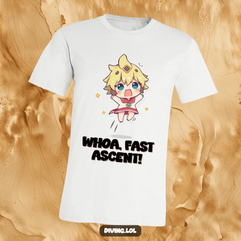 Funny t-shirt depicting a character ascending rapidly, looking comically startled and wide-eyed, a hilarious surprise.