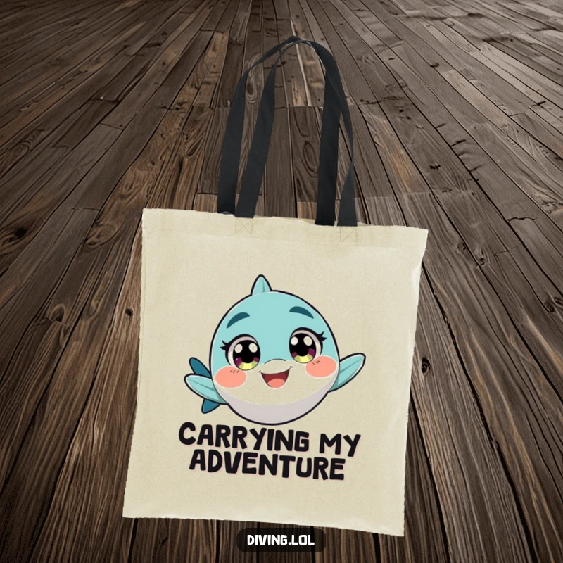 Funny tote bag with a character with wide, excited eyes, swimming rapidly with a playful grin, ready for adventure.