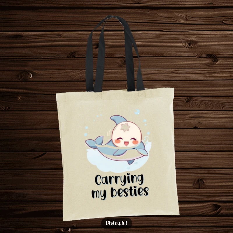 Funny sweet creature tote bag, gleefully swimming with a playful dolphin, a stylish and funny accessory for beach lovers.