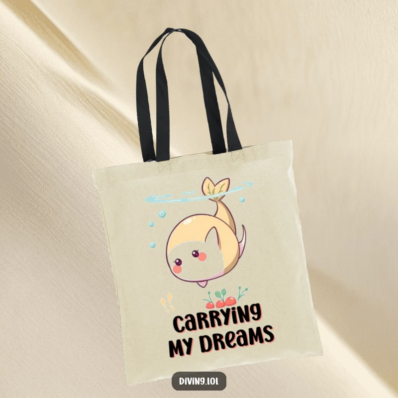 Funny tote bag showcasing a food character doing a somersault underwater, great for carrying daily essentials with flair.