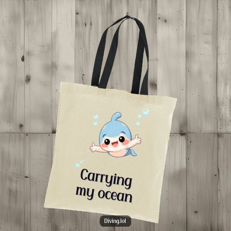 Funny tote bag featuring a joyful swimming character giving a thumbs up underwater, perfect for carrying essentials with a smile.