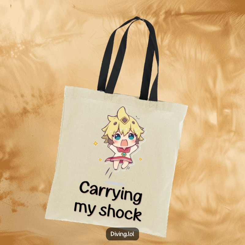 Funny tote bag featuring a character ascending rapidly, looking comically startled, a humorous and practical accessory.