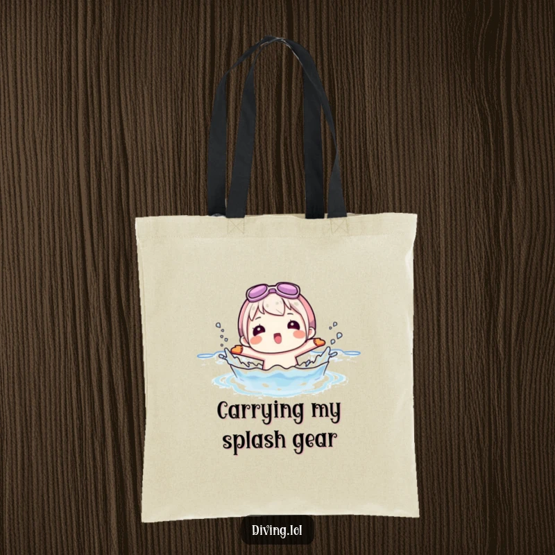 Funny tote bag showing a character playfully splashing water while wearing flippers, perfect for beach days and summer outings.