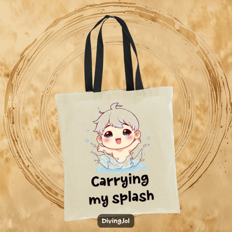 Funny tote bag featuring a character playfully splashing water, perfect for carrying daily items with a splash of fun and personality.