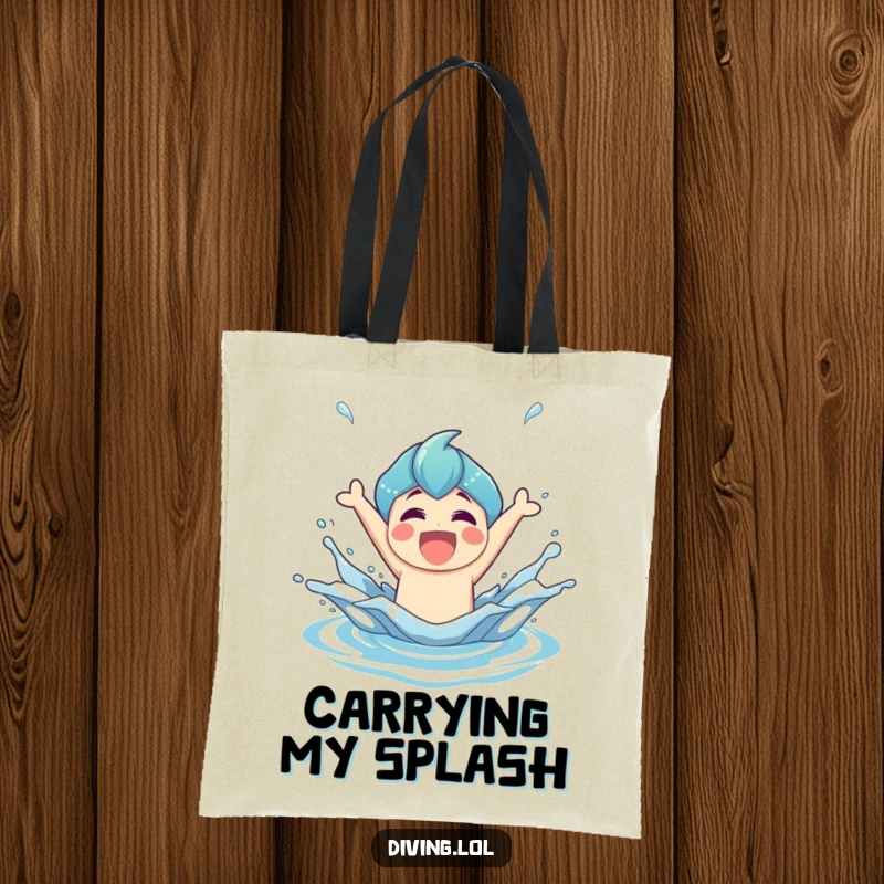 Funny Tote Bag featuring a joyful character bursting triumphantly from water with a spectacular splash, perfect for carrying everything.