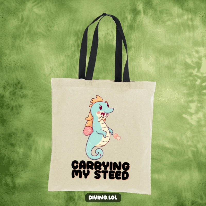 Funny tote bag with a small character gleefully riding a giant seahorse, emphasizing pure delight and an unforgettable ocean escapade.