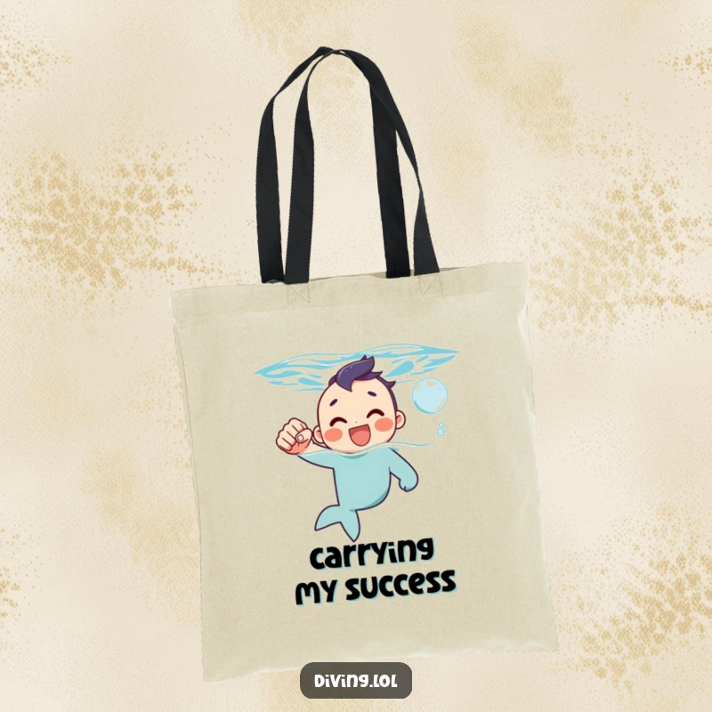 Funny tote bag featuring a character surfacing with a fist pump and a happy bubble, symbolizing accomplishment.