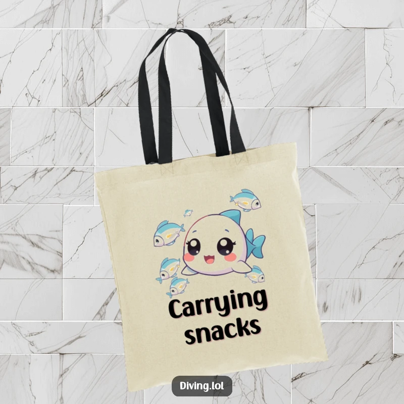 Funny Tiny Fish Chaser Tote Bag with a delighted character chasing fish, perfect for carrying daily essentials and inspirations.