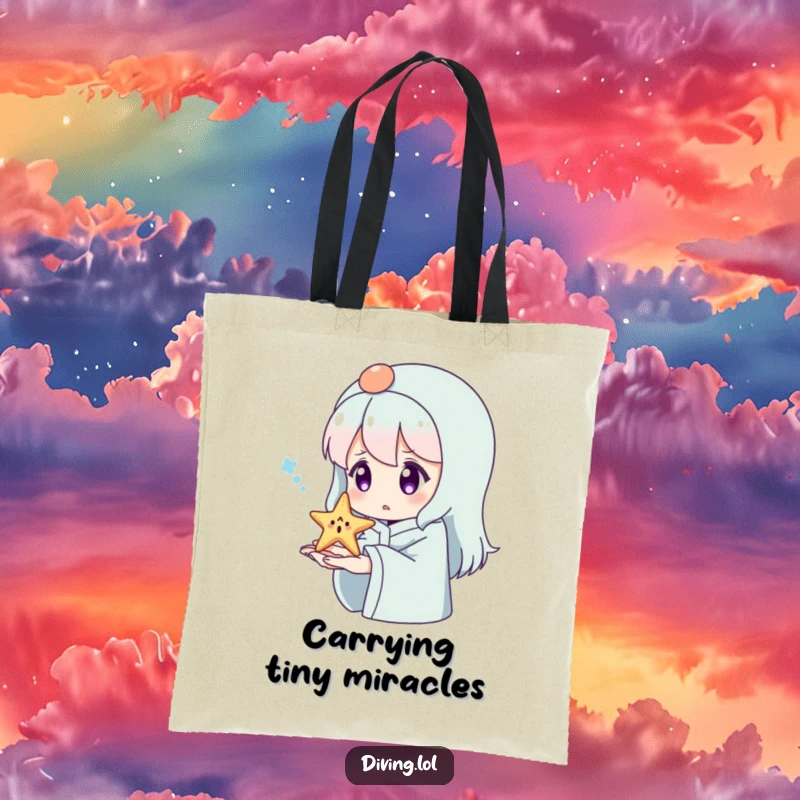 Funny Surprised Starfish Tote Bag: A character looks surprised at a tiny, happy starfish on their hand.