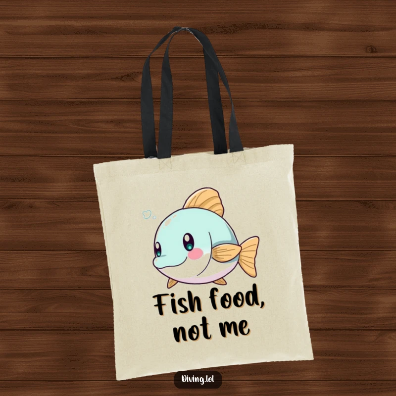 Funny tote bag showing a character dodging a playful fish, perfect for beach trips or carrying aquatic treasures.