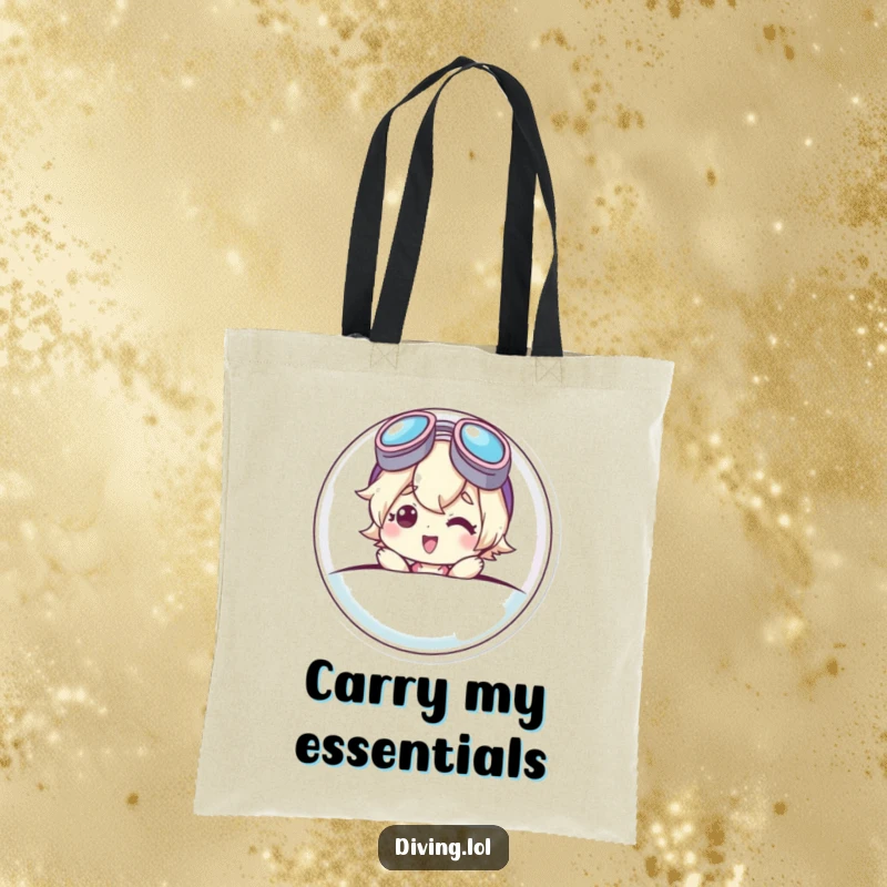 Funny tote bag with a cute character emerging from a bubble, goggles askew, smiling cheerfully, ready to carry your daily essentials with flair.