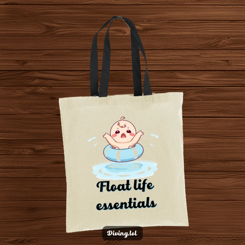 Funny tote bag showcasing a chubby character with wide eyes bouncing on a pool float, its design highlighting pure, splashy amusement.