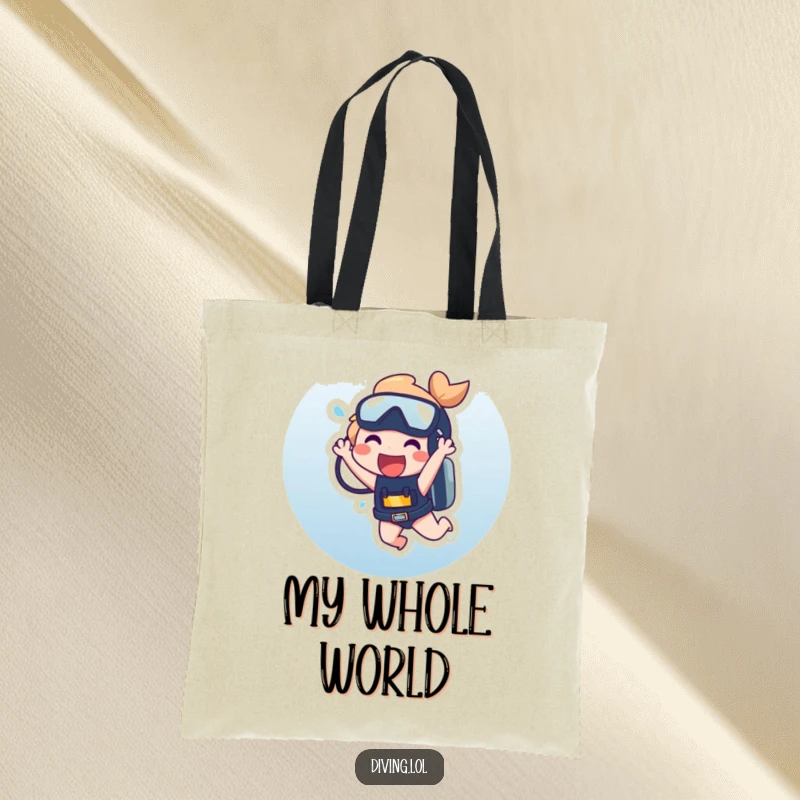 Funny Tote Bag depicting a character laughing while suspended from a scuba tank, perfect for carrying dive gear or daily items.