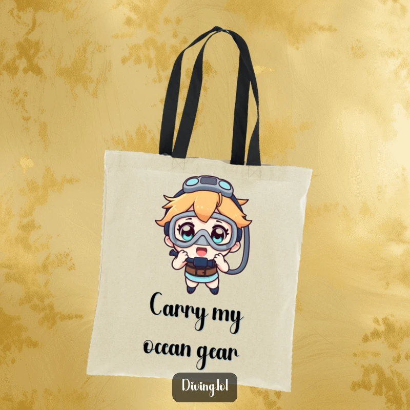 Funny tote bag with a character examining a dive mask, eyes wide with the wonder of the ocean.