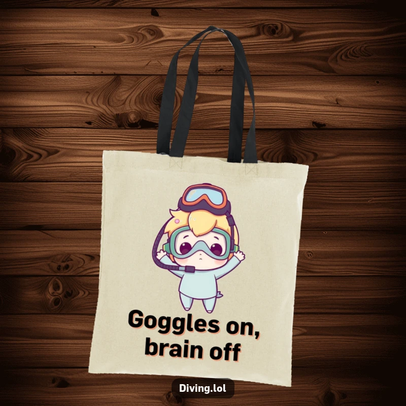 Funny tote bag featuring a character balancing a dive mask on their head with clumsy delight, ideal for beach trips or errands.