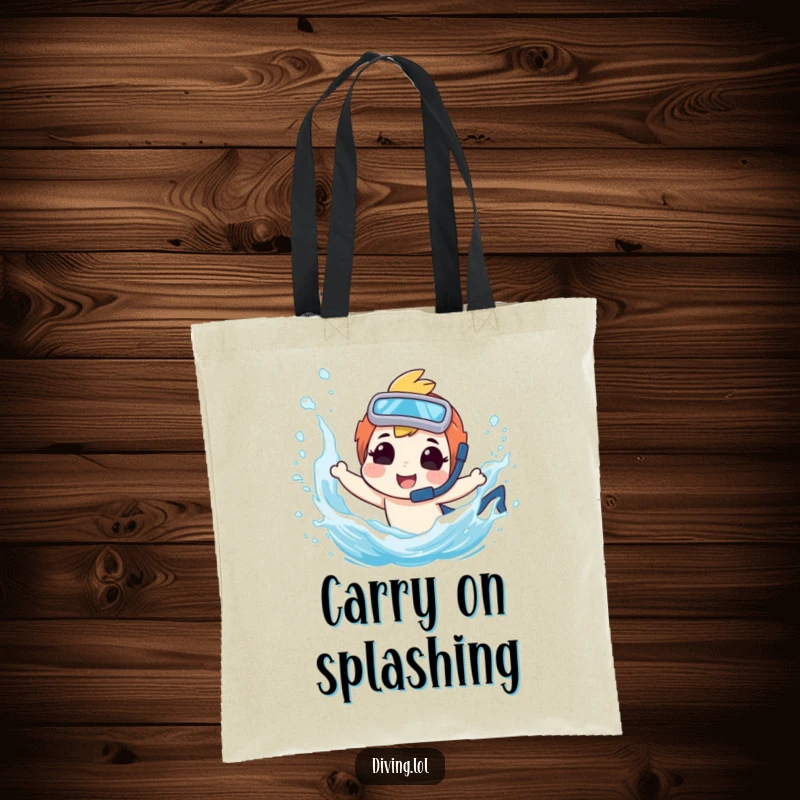 Funny tote bag showcasing a diver character playfully splashing, a cheerful addition to any shopping trip.