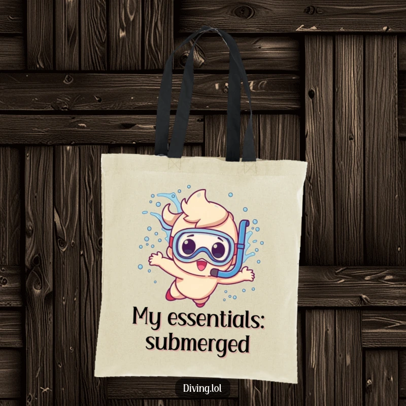 Funny cute character tote bag, making a big splash during an underwater dive with a snorkel, a humorous beach accessory.