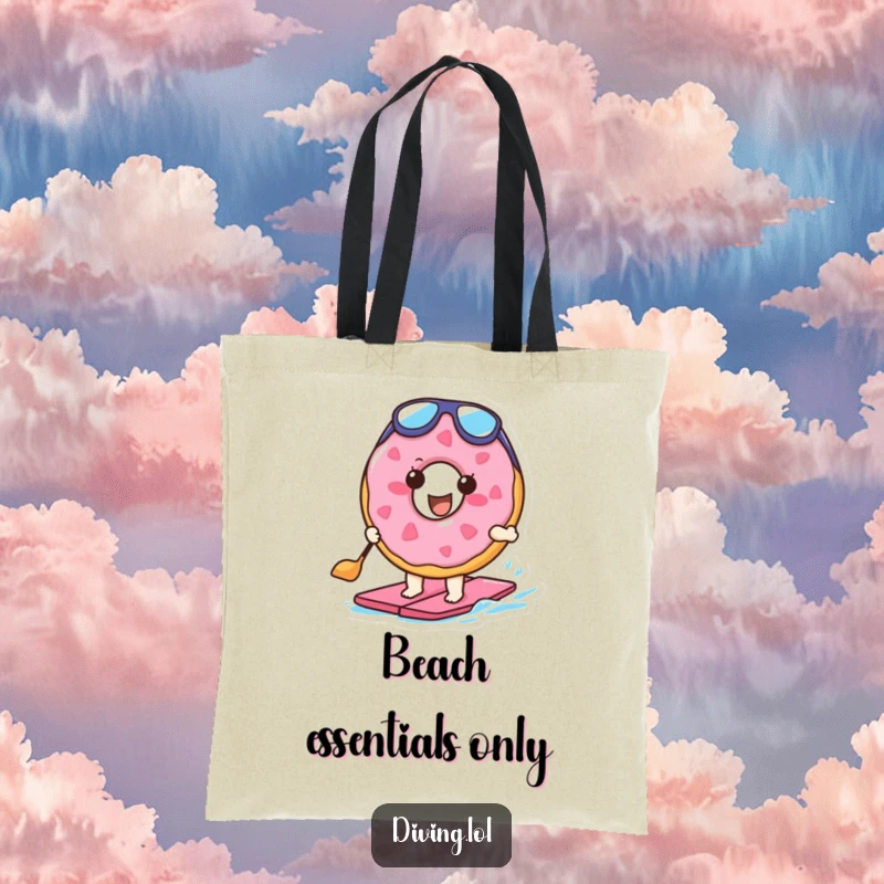 Funny tote bag with a cheerful doughnut character sporting flippers, paddling with gusto, ideal for carrying daily essentials.