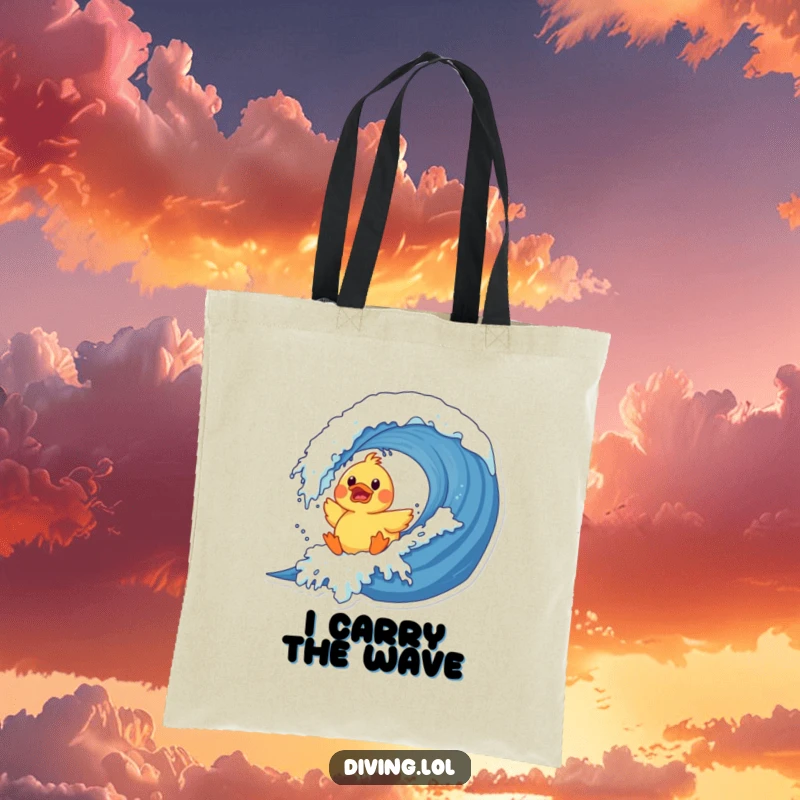 Funny duck wave tote bag showing a surprised rubber duck character crashing into a giant wave, a practical and humorous accessory.
