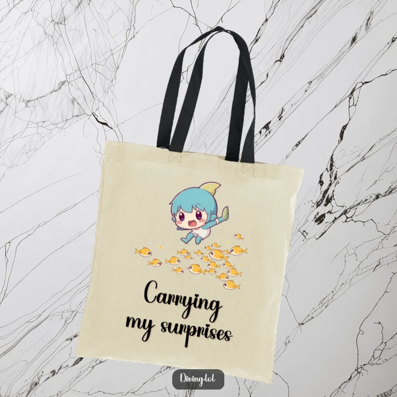 Funny tote bag featuring a character in a surprised leap, playfully dodging a school of tiny fish.