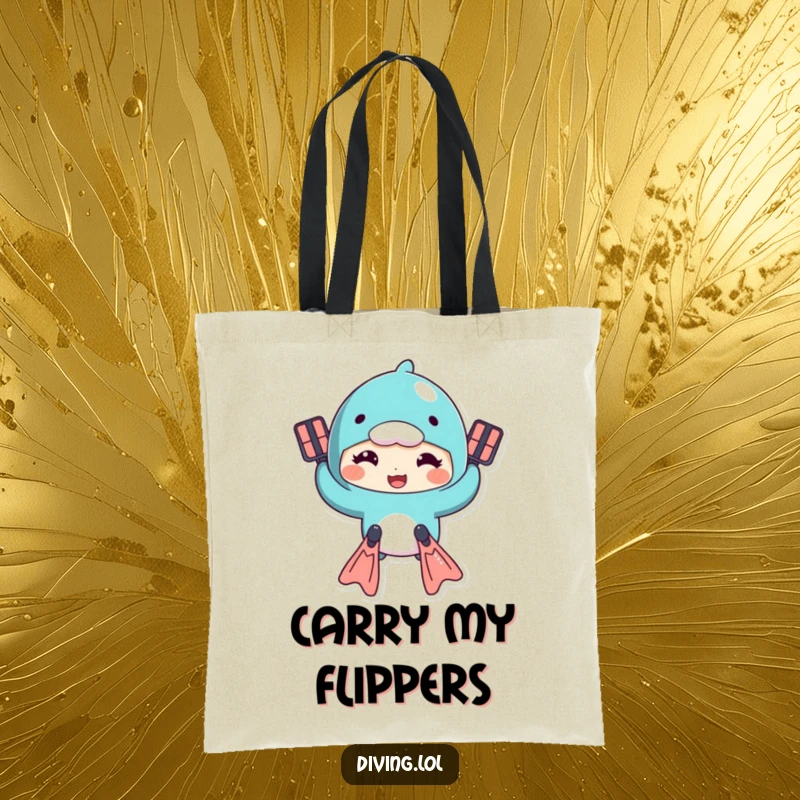 Funny tote bag showcasing a character comically swimming with flippers and a goofy face, perfect for shopping trips.