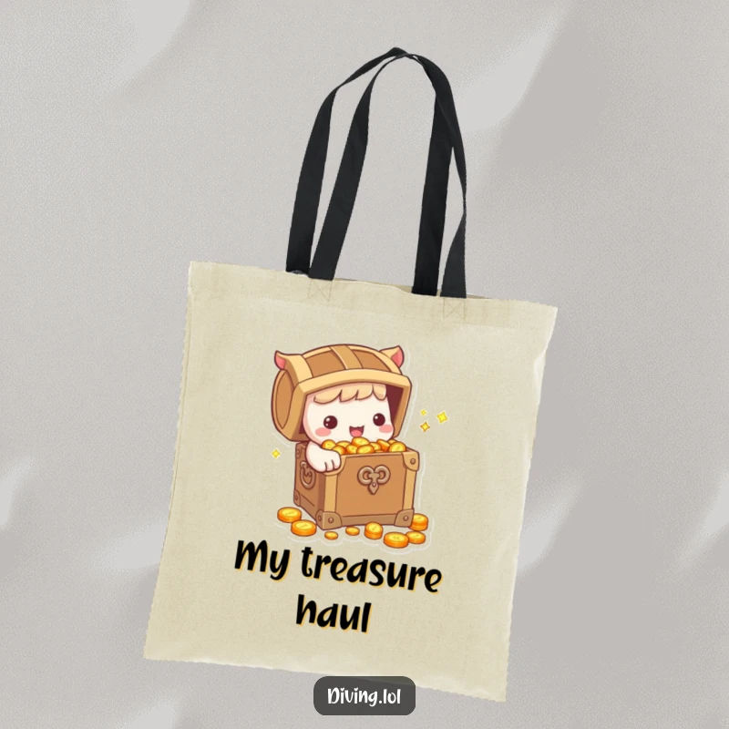 Funny Tote Bag: Cute character holding a treasure chest overflowing with sparkling coins, a humorous and stylish way to carry your essentials.