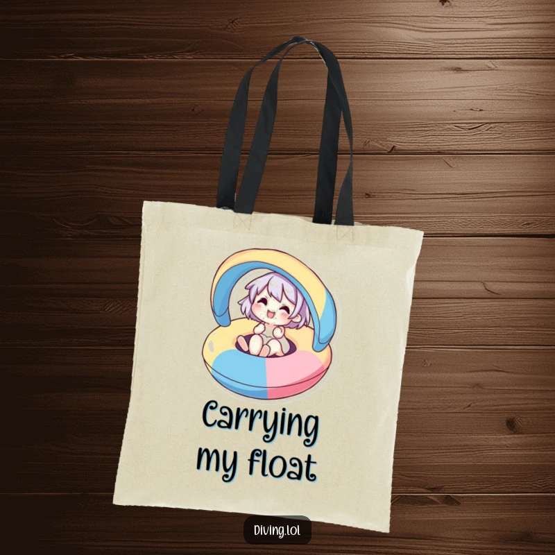 Funny tote bag showing a cute character joyfully floating on a colorful inflatable, perfect for pool days and summer outings.
