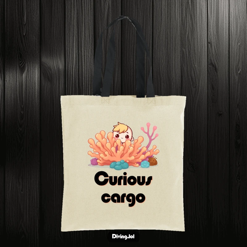 Funny Reef Peek-a-Boo Tote Bag: Tiny character peeks from coral reef, curious eyes, a fun accessory.