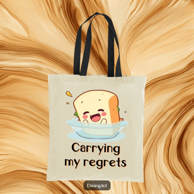 Funny tote bag showing a sandwich character in a hilarious belly flop into water, great for carrying everyday items.