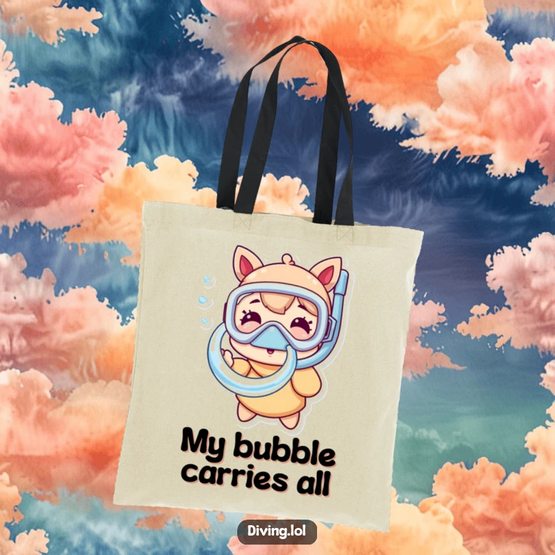 Funny snorkel mask tote bag showcasing a character blowing a perfect bubble ring, ideal for carrying beach gear or daily necessities with a smile.