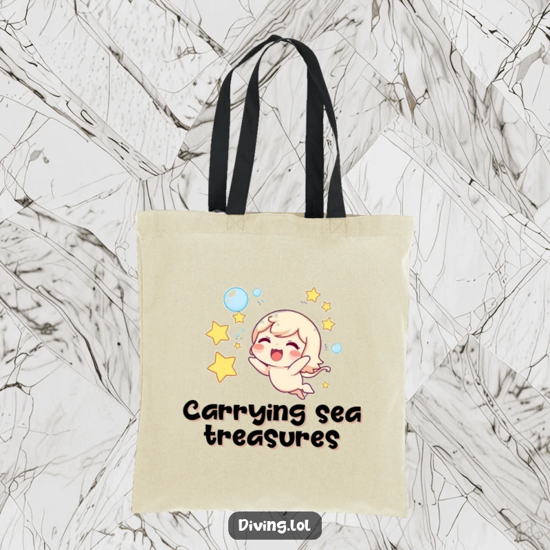 Funny tote bag with a cute character joyfully blowing underwater bubbles shaped like stars, ideal for beach trips.