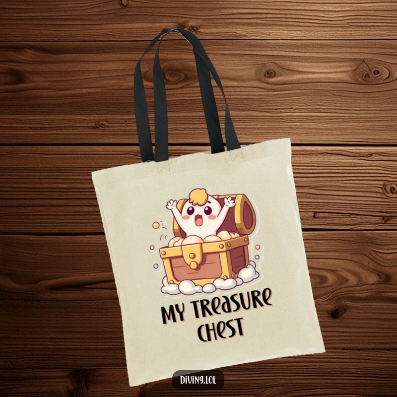 Funny tote bag with a surprised character bursting from a bubbling treasure chest, perfect for carrying essentials with a theme of discovery.