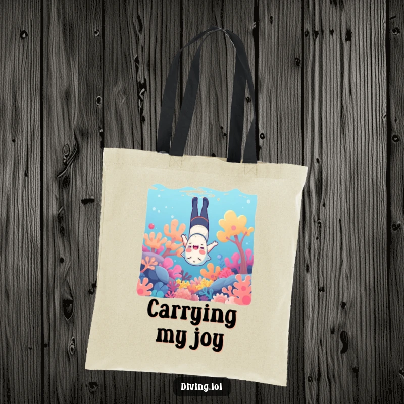 Funny underwater tote bag, featuring a character giggling upside down amongst colorful coral, great for shopping.
