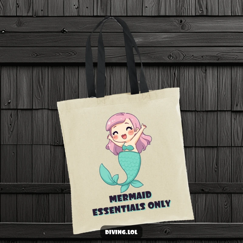 Funny Tote Bag with a playful character joyfully kicking legs, pretending to be a mermaid, ideal for carrying treasures.