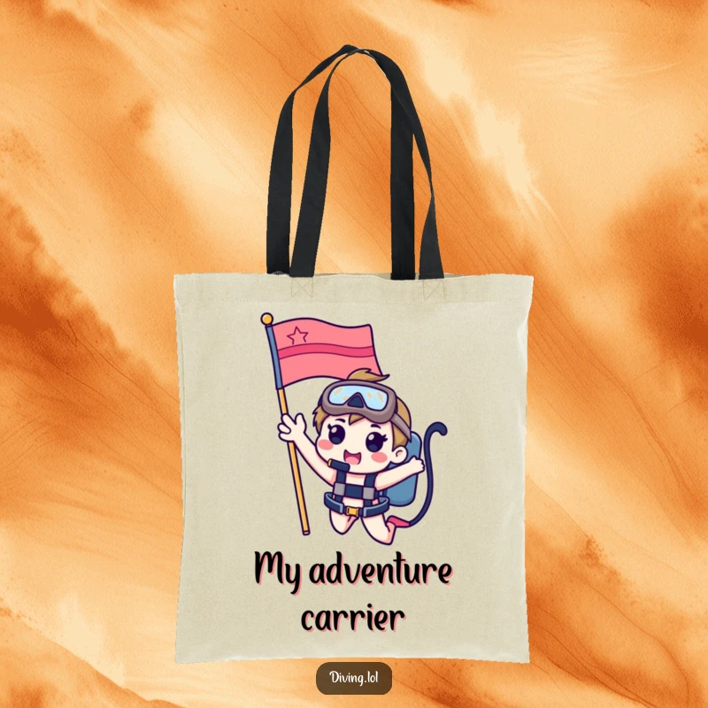 Funny tote bag with a cute character waving from a dive flag, perfect for carrying beach essentials with a cheerful underwater theme.