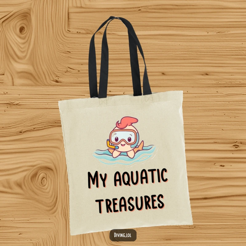 Funny tote bag with a small, happy character with a snorkel gracefully gliding through wavy water, ideal for carrying beach essentials.