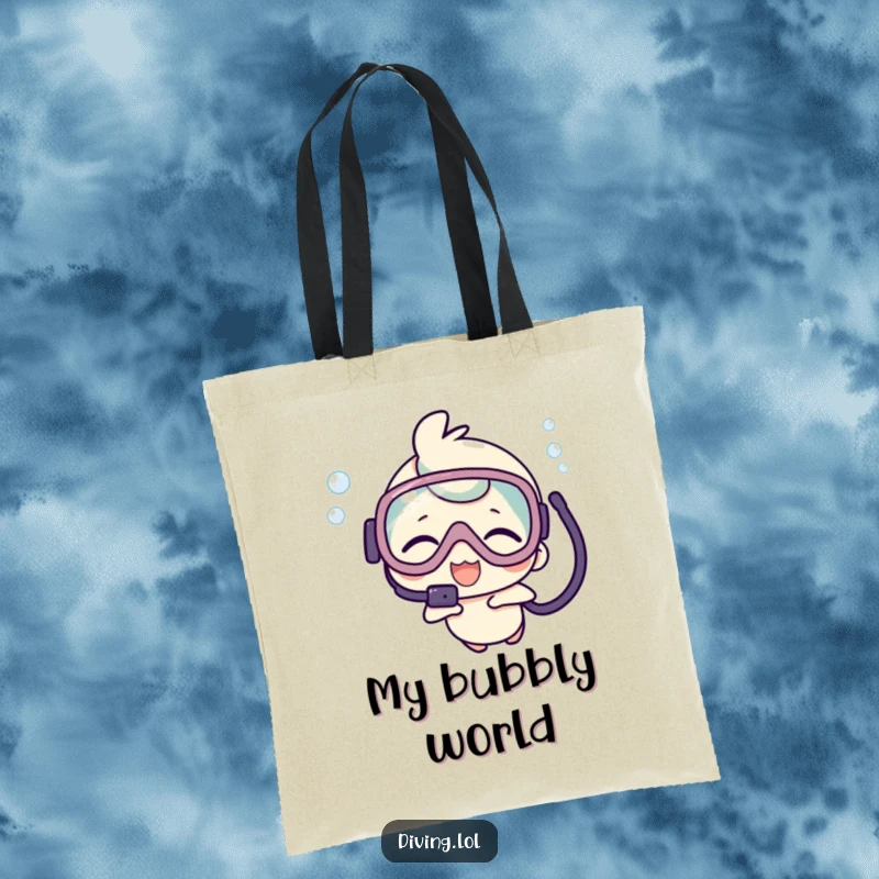 Funny tote bag with a kawaii character in scuba mask, giggling hilariously underwater, ready for adventure.