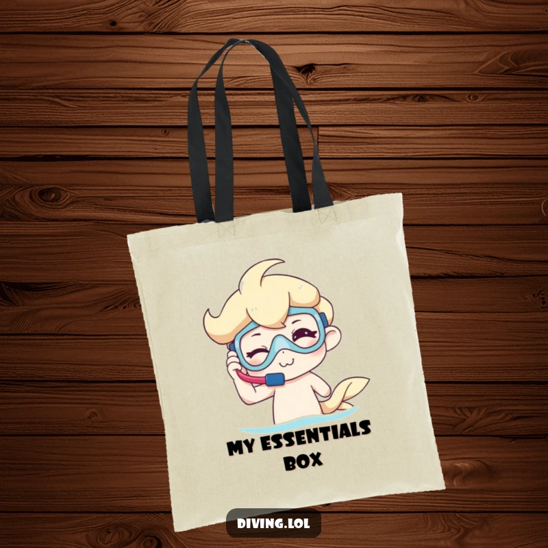 Funny Tote Bag with a winking character adjusting snorkel gear, perfect for carrying beach essentials with a smile.